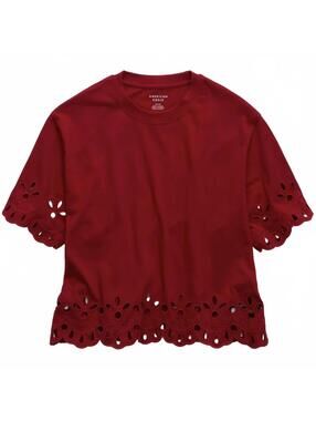 AE 100% Cotton Boxy Eyelet T-Shirt American Eagle Berry Red NWT XL
